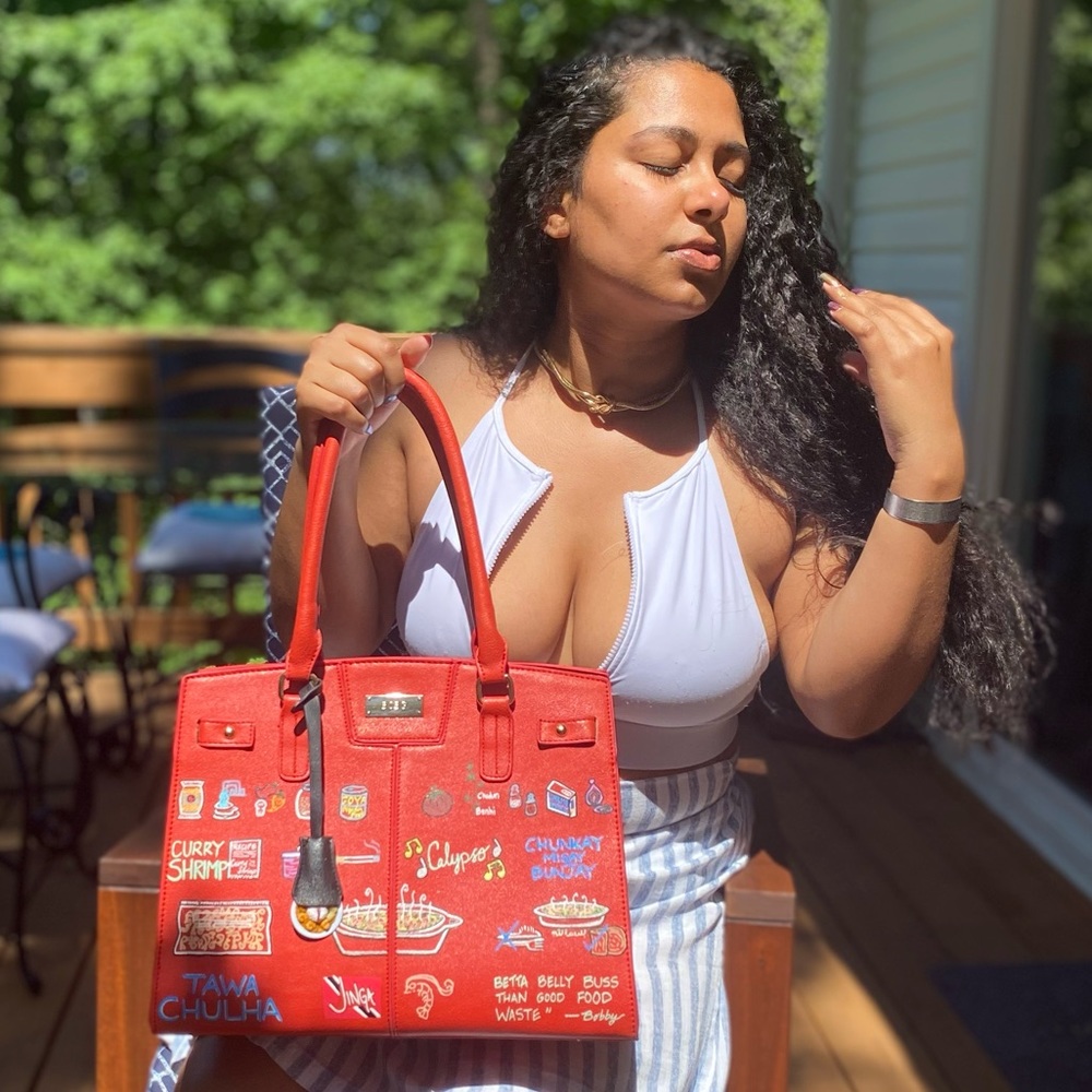 VanRahDesign hand painted BCBG purse with lock —Painting “Curry Jinga : Coral” - Picture 12 of 13